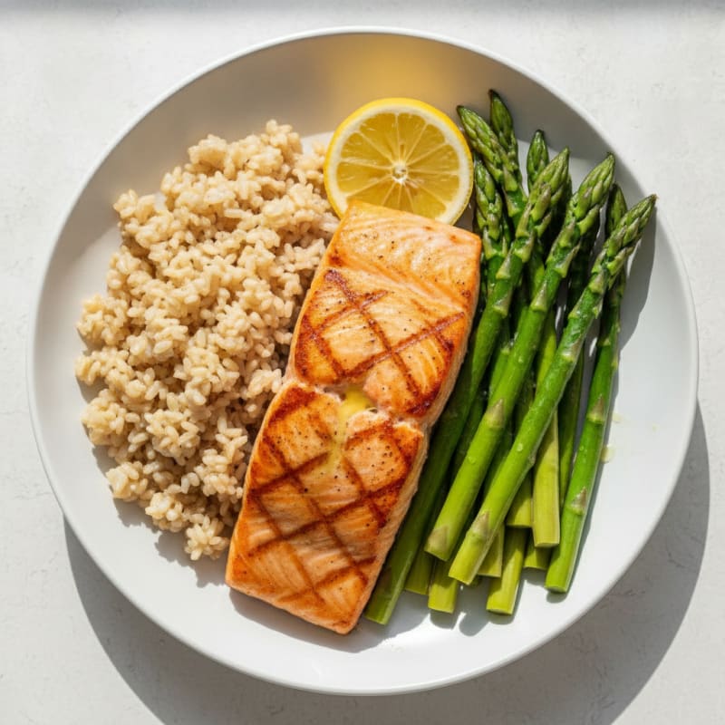 Seared Salmon with Steamed Asparagus and Brown Rice