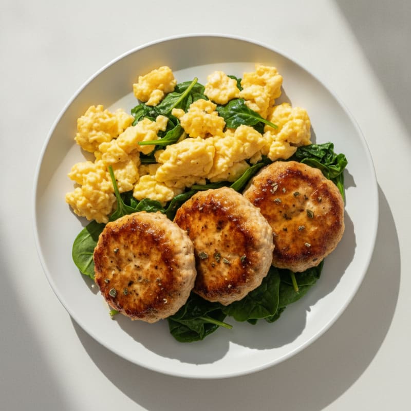Maple Chicken Patties with Scrambled Eggs