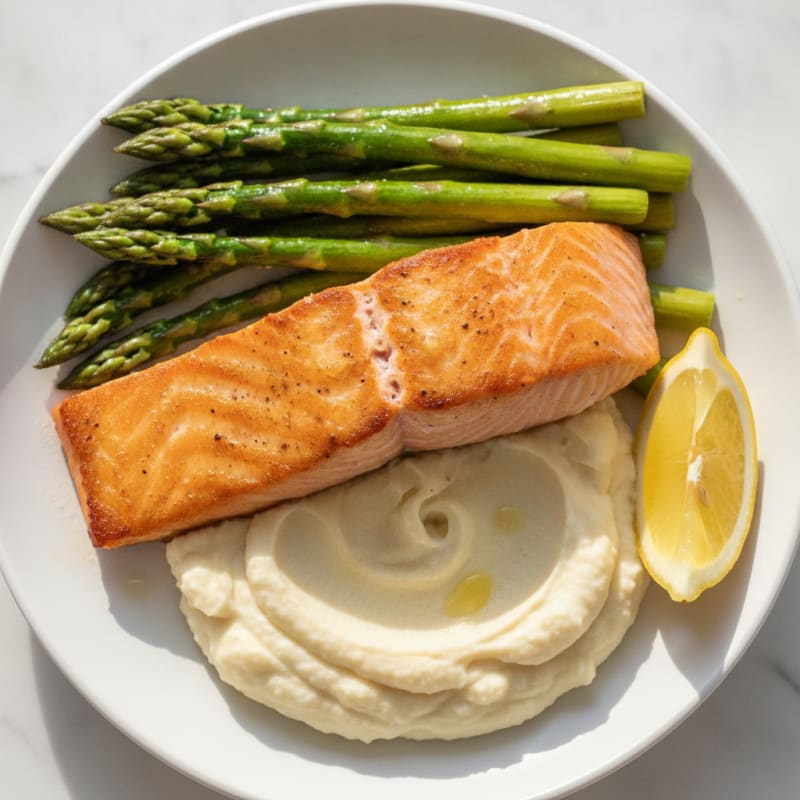 Seared Salmon Fillet with Steamed Asparagus and Cauliflower Mash