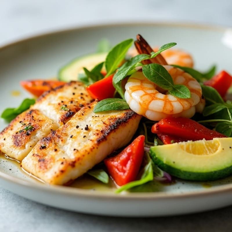 Pan-Seared Whiting Fish with Roasted Vegetable and Shrimp Salad