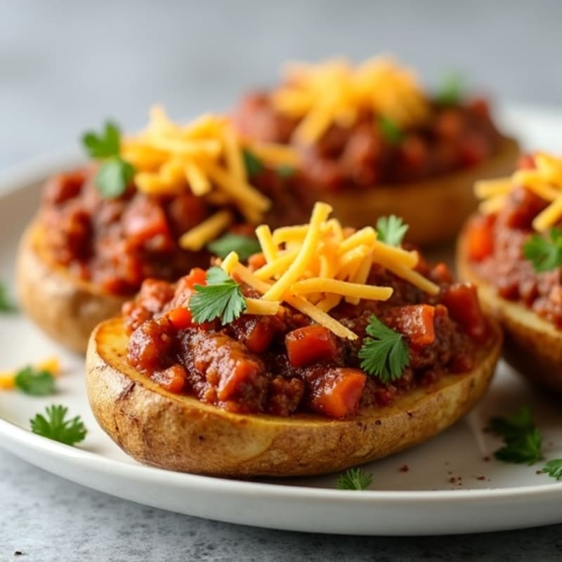 Crispy Baked Potato Skins Loaded with Lean Beef Chili and Sharp Cheddar