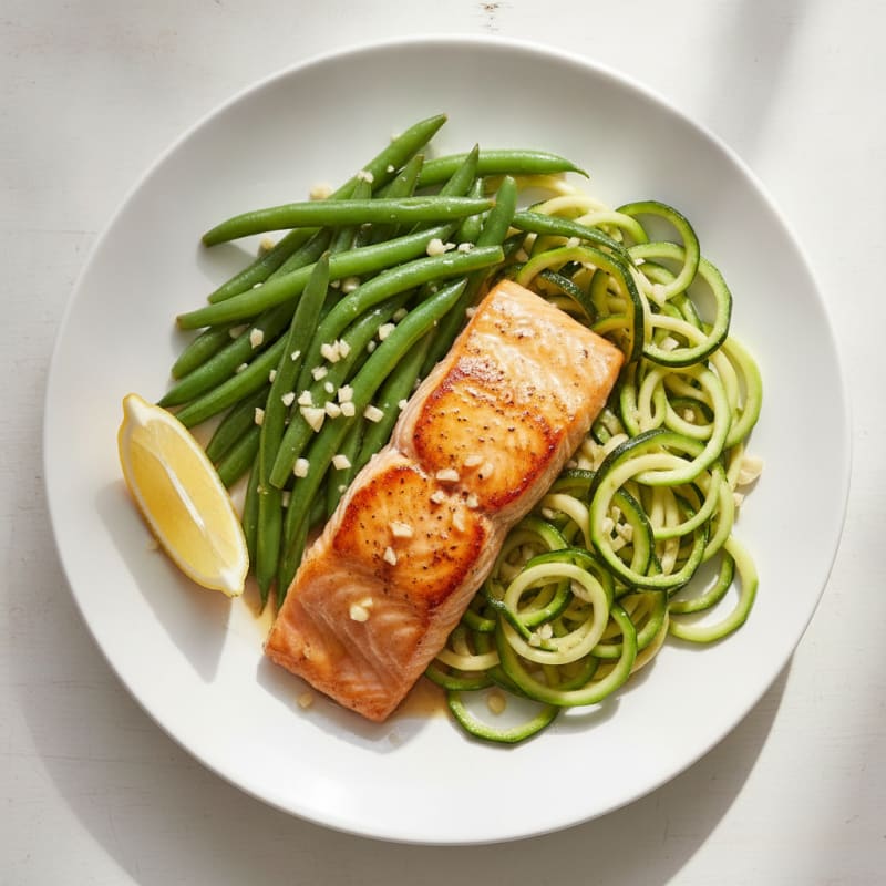 Seared Salmon with Garlic Green Beans and Zucchini Noodles