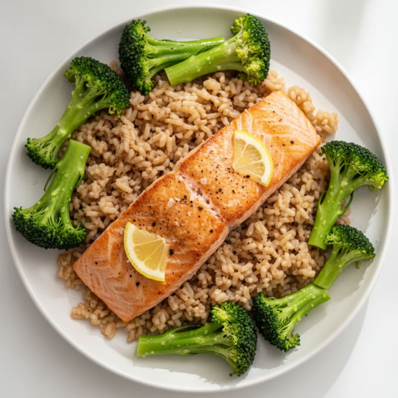 Seared Salmon Fillet with Steamed Broccoli and Brown Rice