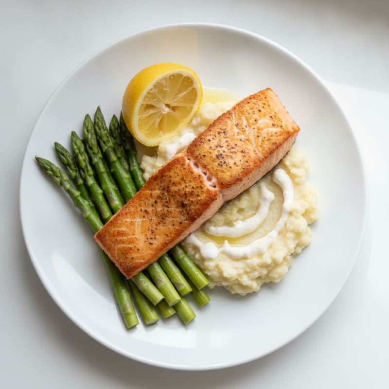 Seared Salmon with Steamed Asparagus and Cauliflower Mash