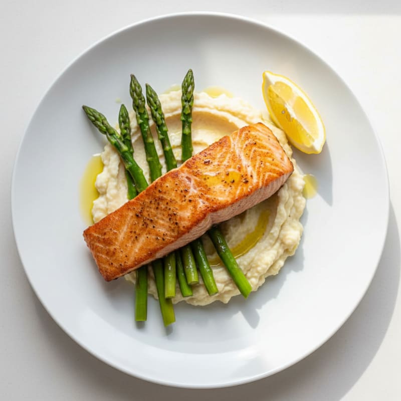 Seared Salmon with Steamed Asparagus and Cauliflower Mash