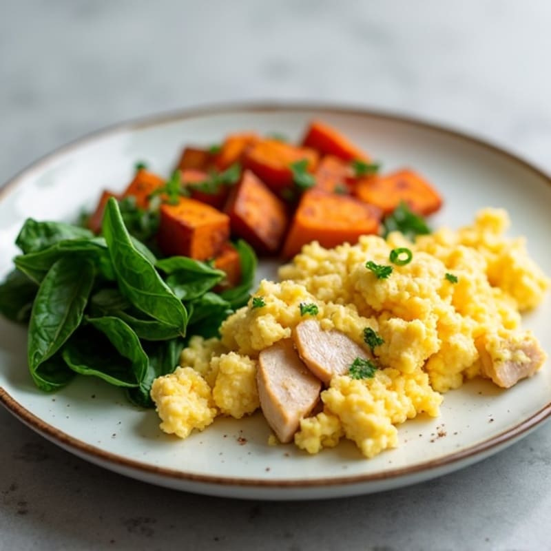 Chicken Egg White Scramble with Spinach and Roasted Sweet Potato
