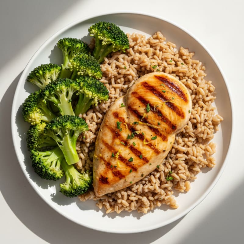 Grilled Chicken Breast with Brown Rice and Steamed Broccoli