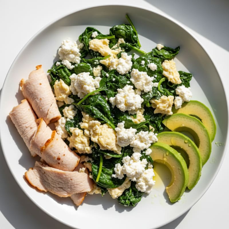 Egg White and Spinach Scramble with Cottage Cheese and Sliced Turkey