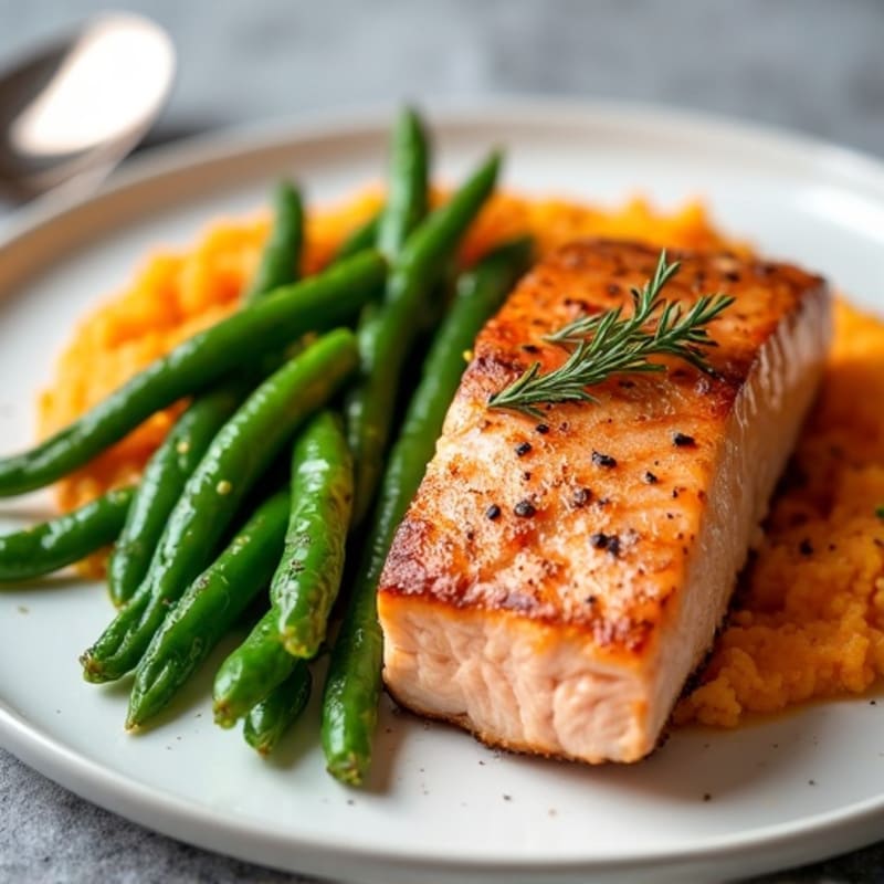 Seared Salmon with Steamed Green Beans and Sweet Potato Mash