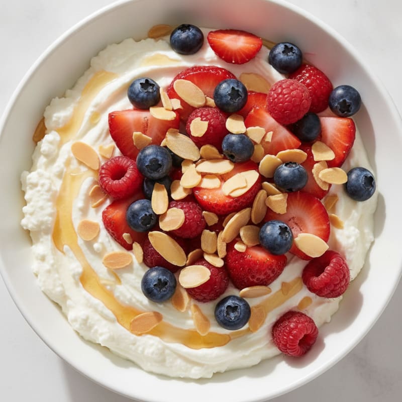 Cottage Cheese Greek Yogurt Bowl with Mixed Berries and Almonds