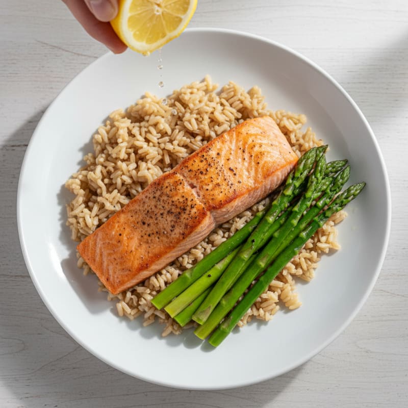 Seared Salmon Fillet with Steamed Asparagus and Brown Rice