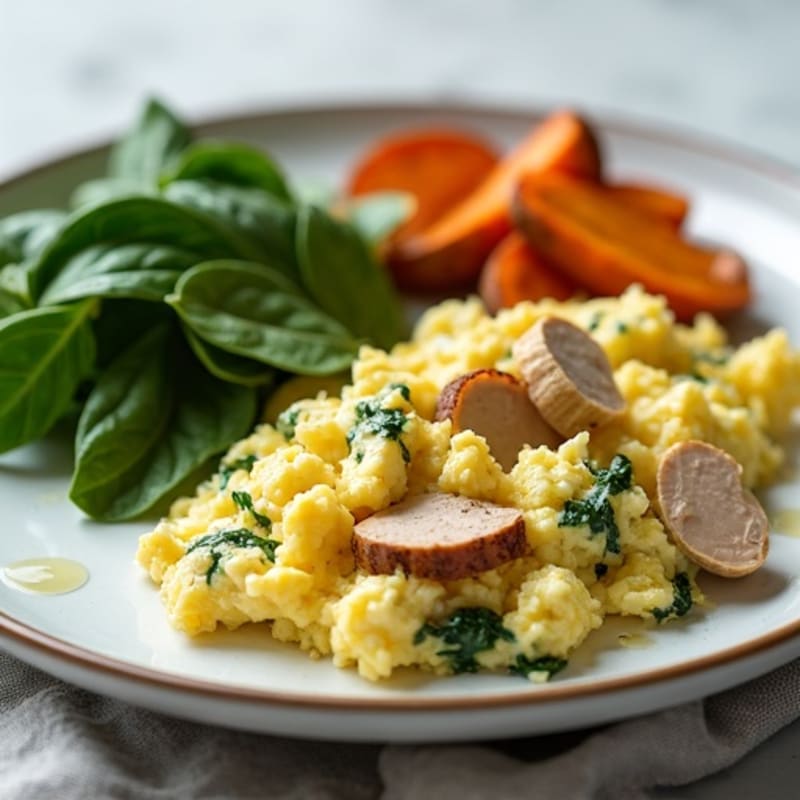 Egg White and Spinach Scramble with Lean Turkey and Roasted Sweet Potato