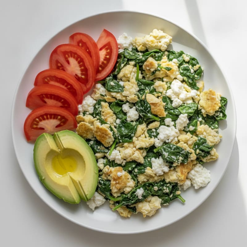 Egg White Spinach Scramble with Cottage Cheese and Sliced Tomatoes