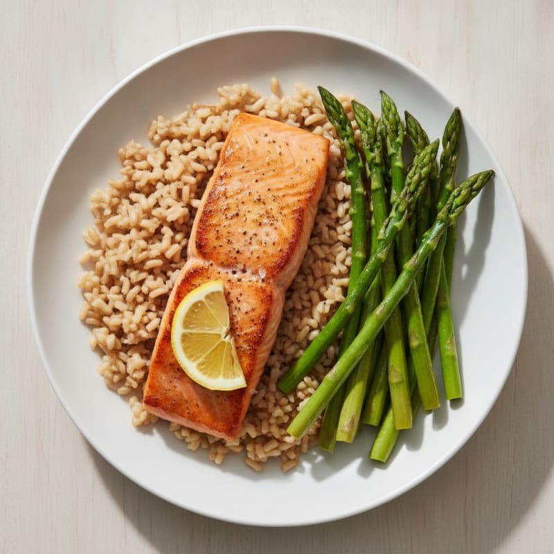 Seared Salmon Fillet with Steamed Asparagus and Brown Rice