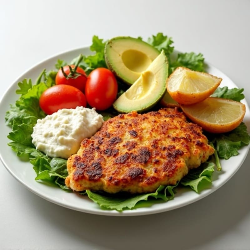 Seared Ground Chicken with Roasted Potato Wedges, Avocado, Fresh Greens, Grape Tomatoes, Hummus and Cottage Cheese