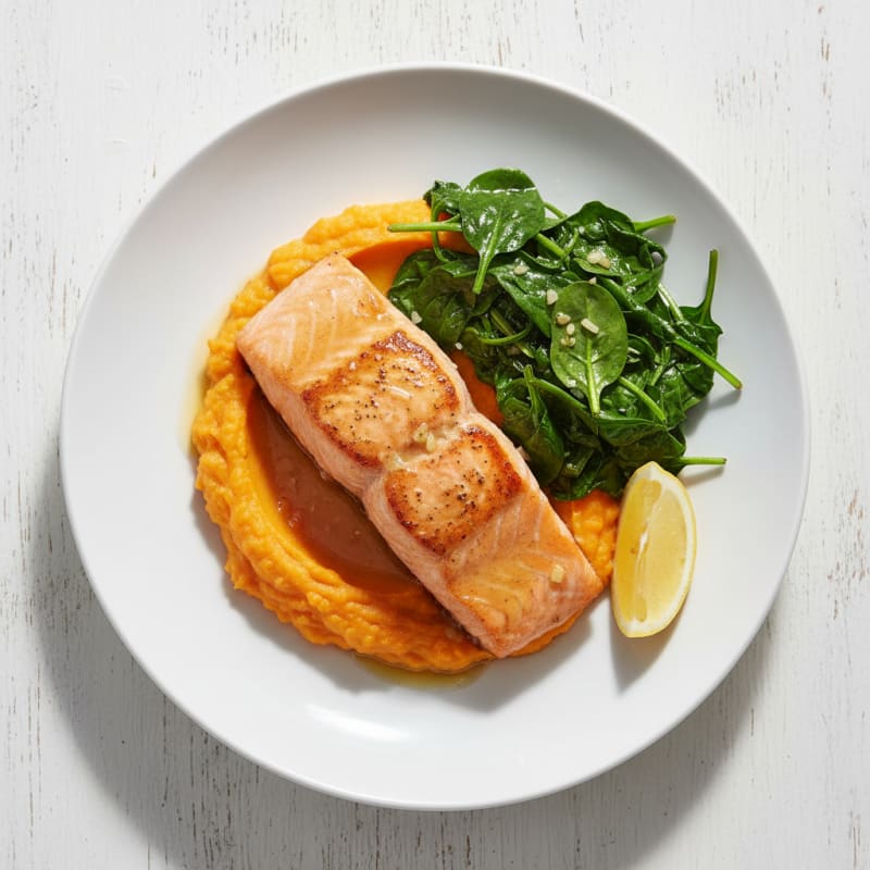 Seared Salmon with Garlic Spinach and Sweet Potato Mash
