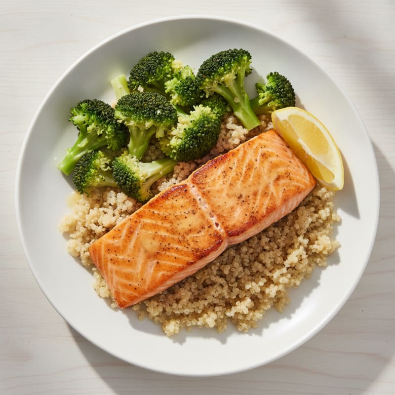 Seared Salmon Fillet with Steamed Broccoli and Quinoa
