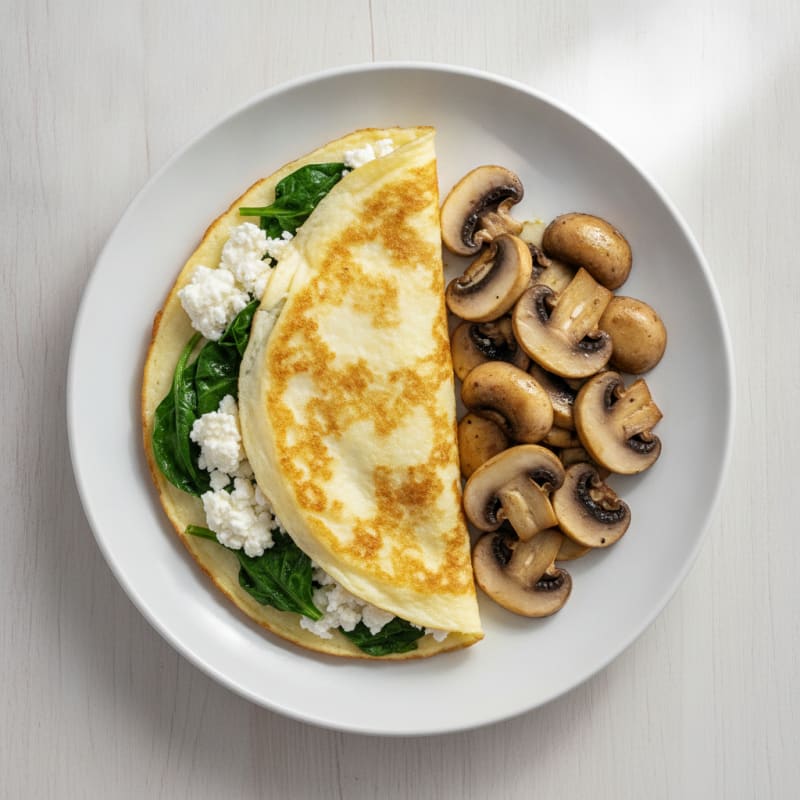 Egg White Spinach Omelette with Cottage Cheese and Sautéed Mushrooms