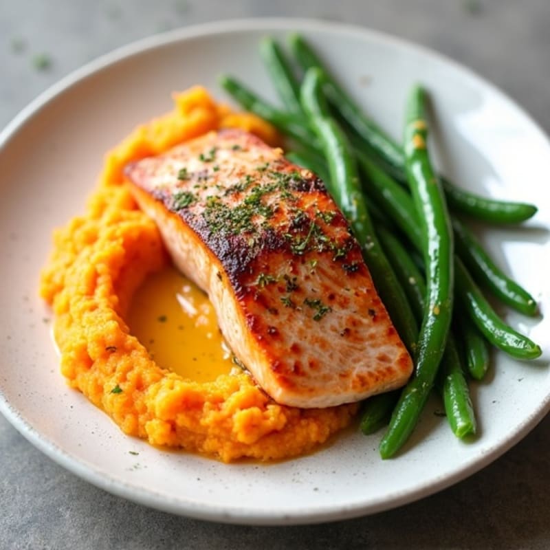 Seared Salmon Fillet with Garlic Green Beans and Sweet Potato Mash