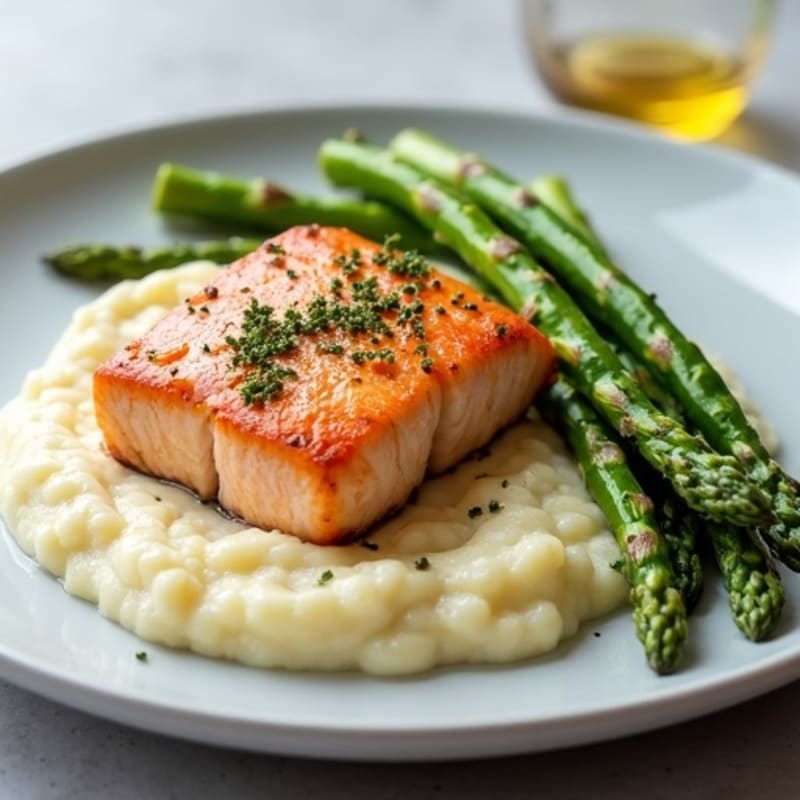 Seared Salmon with Steamed Asparagus and Cauliflower Mash