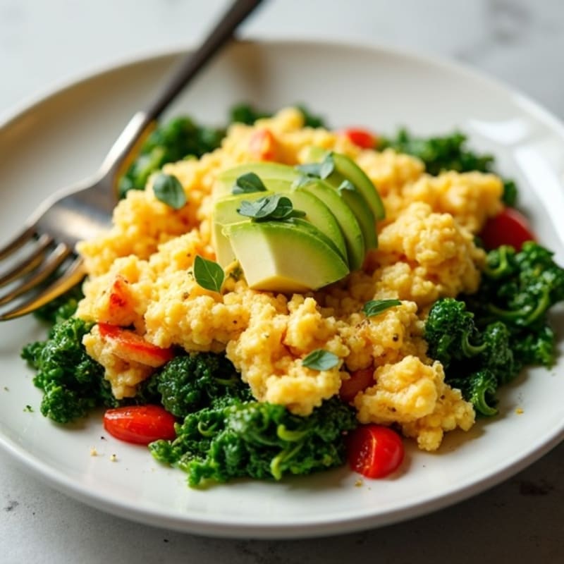 Egg White Veggie Scramble with Sautéed Spinach