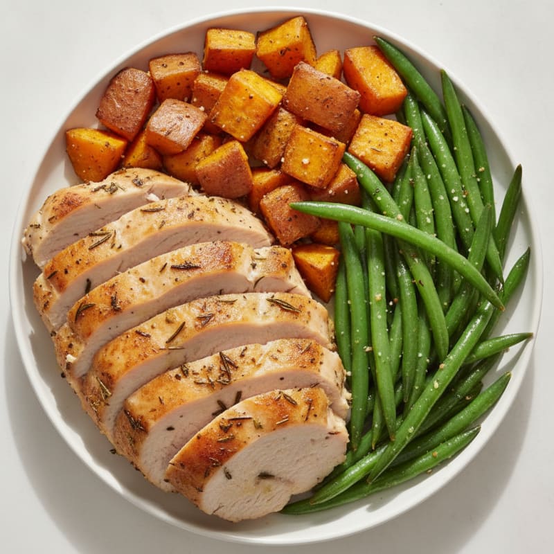 Herb-Roasted Turkey Breast with Roasted Sweet Potatoes and Green Beans