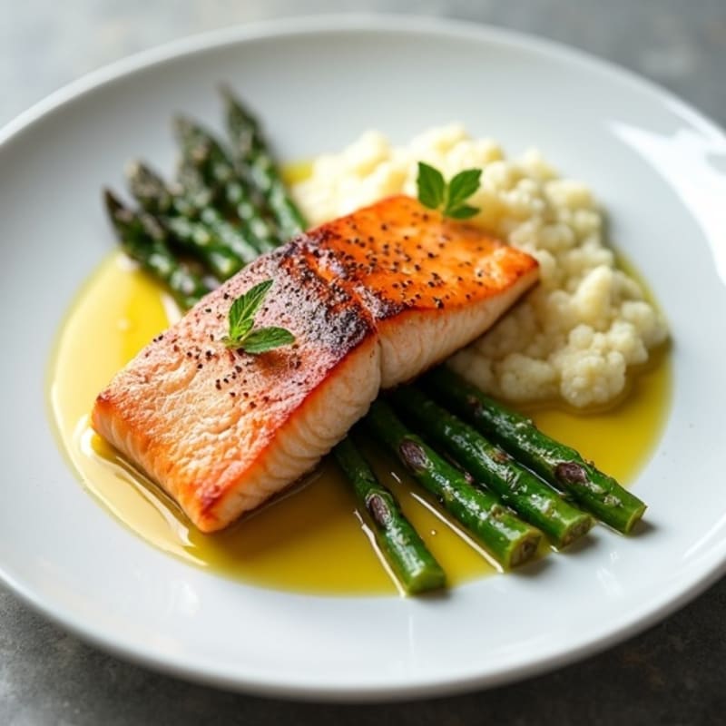 Seared Salmon with Steamed Asparagus and Garlic Mashed Cauliflower
