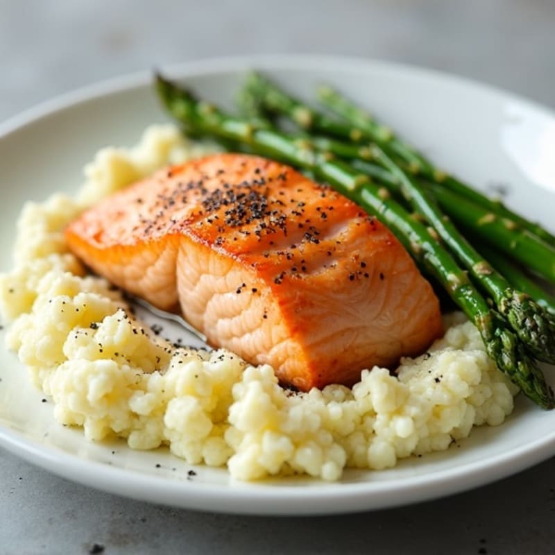 Seared Salmon with Steamed Asparagus and Cauliflower Mash