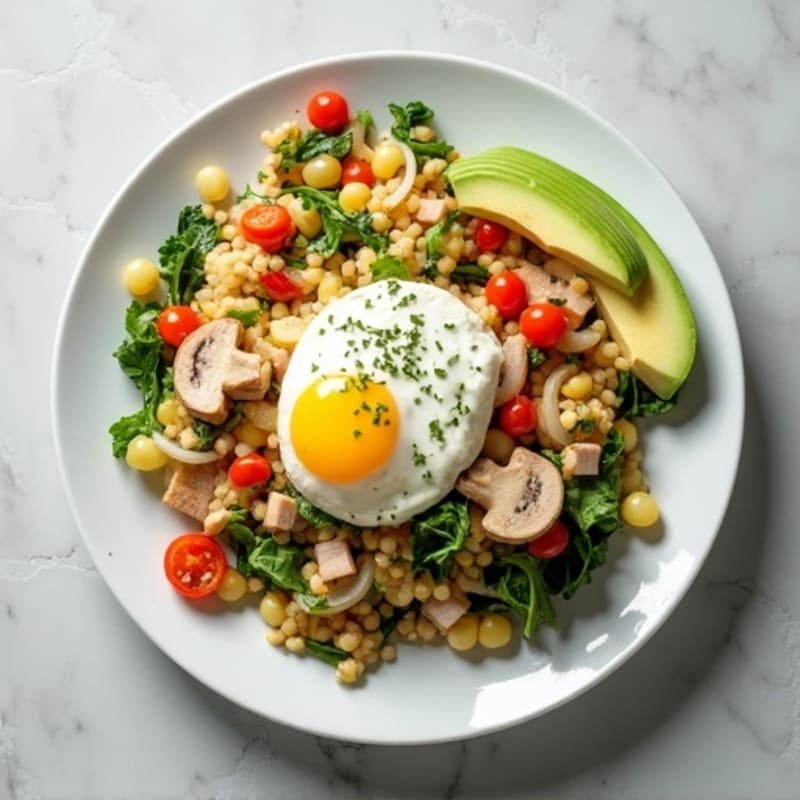 Egg White Veggie Scramble with Cottage Cheese and Sliced Turkey