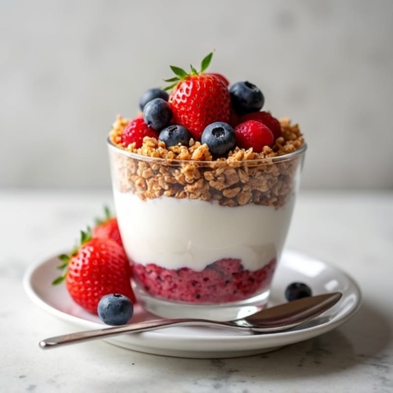 Greek Yogurt Parfait with Crunchy Almond Granola and Mixed Berries