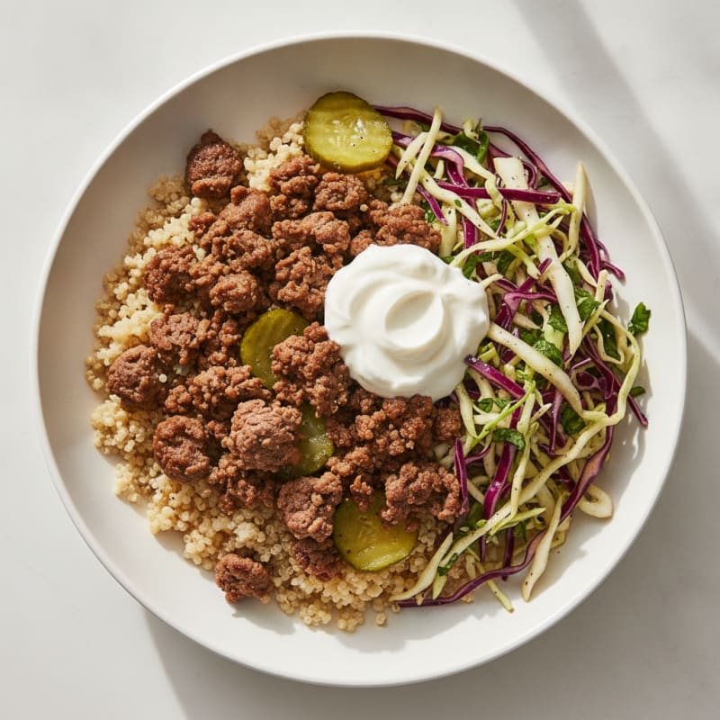 Lean Beef Burger Bowl with Quinoa and Crunchy Slaw