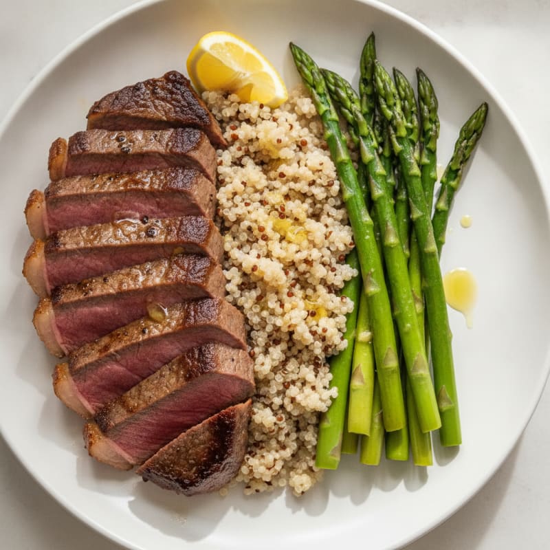 Seared Steak with Steamed Asparagus and Quinoa