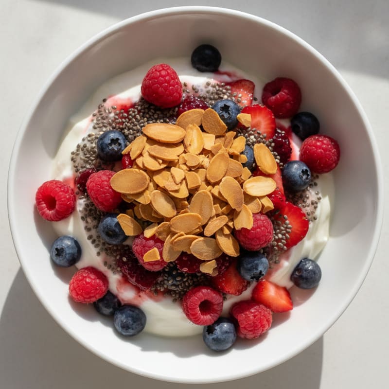 Greek Yoghurt Parfait with Mixed Berries, Roasted Almonds and Chia Seeds