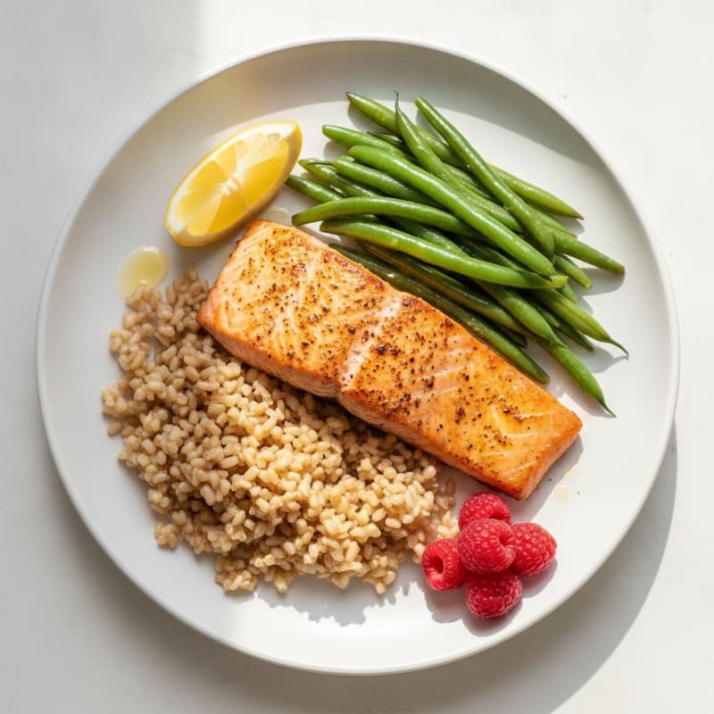 Seared Salmon Fillet with Steamed Green Beans and Brown Rice