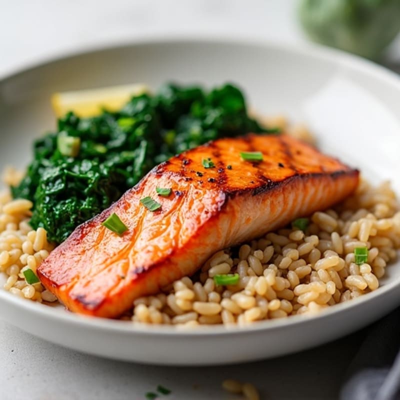Seared Salmon with Garlic Spinach and Brown Rice