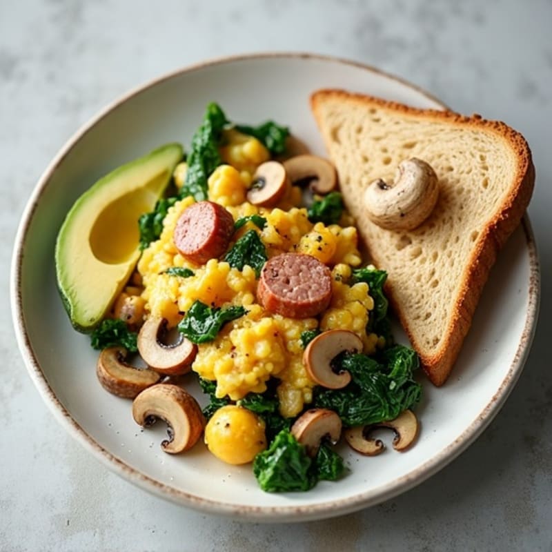 Egg White and Turkey Sausage Scramble with Spinach and Mushrooms