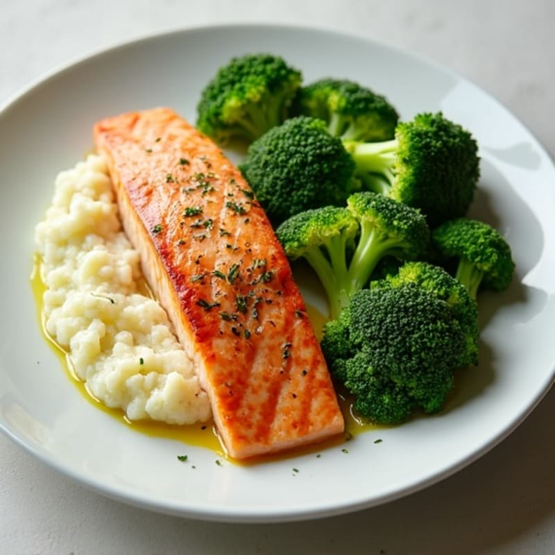 Seared Salmon with Steamed Broccoli and Garlic Cauliflower Mash