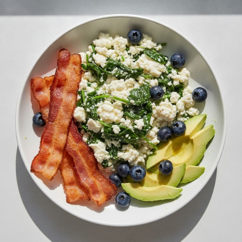 Cottage Cheese Egg White Scramble with Spinach and Turkey Bacon