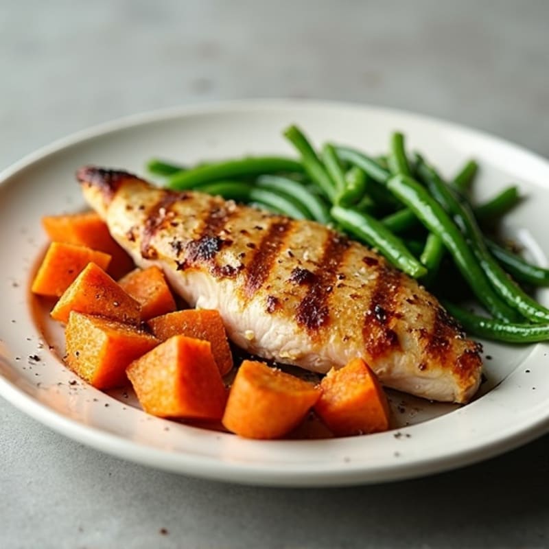 Grilled Chicken Breast with Roasted Sweet Potatoes and Green Beans