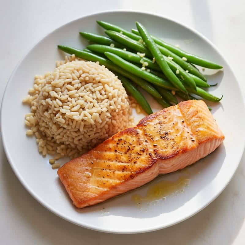 Seared Salmon Fillet with Garlic Green Beans and Brown Rice