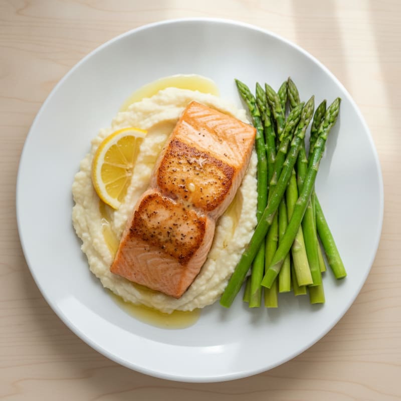 Seared Salmon Fillet with Steamed Asparagus and Cauliflower Mash
