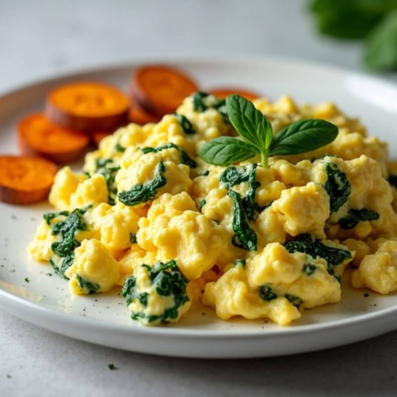 Fluffy Scrambled Eggs with Fresh Spinach and Roasted Sweet Potatoes