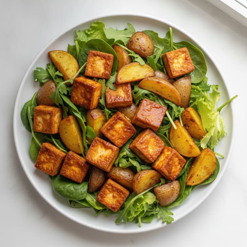 Gochujang Tofu & Roasted Potatoes with Spring Greens