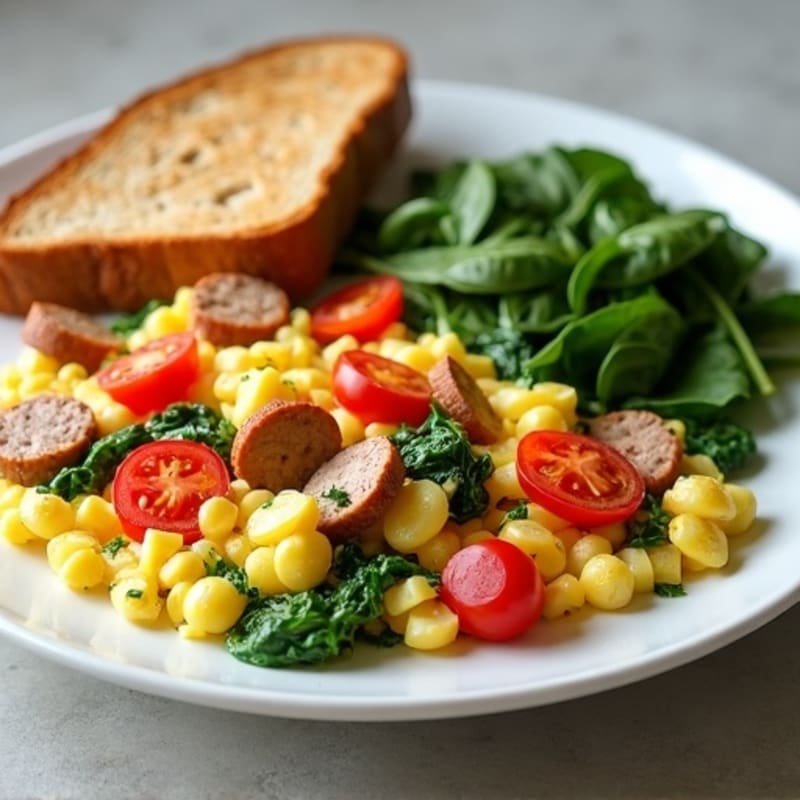 Egg White and Turkey Sausage Scramble with Spinach, Tomatoes, and Whole Grain Toast