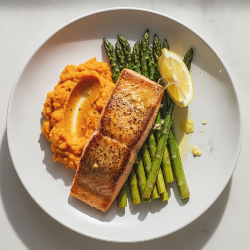 Seared Salmon Fillet with Roasted Asparagus and Sweet Potato Mash