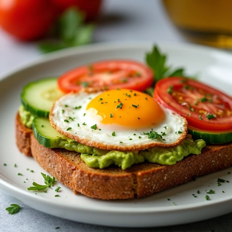 Crispy Egg and Avocado Toast with Fresh Tomato and Cucumber