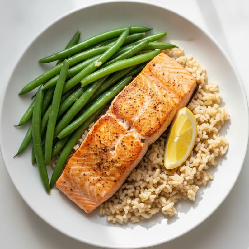 Seared Salmon with Steamed Green Beans and Brown Rice