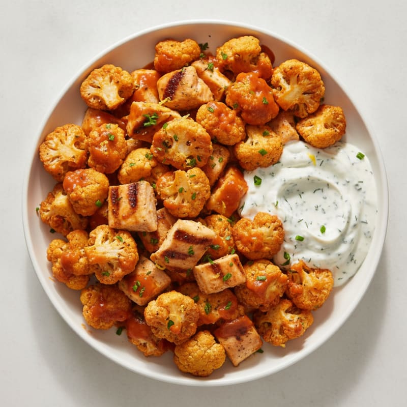 Buffalo Cauliflower Bites with High-Protein Ranch and Grilled Chicken