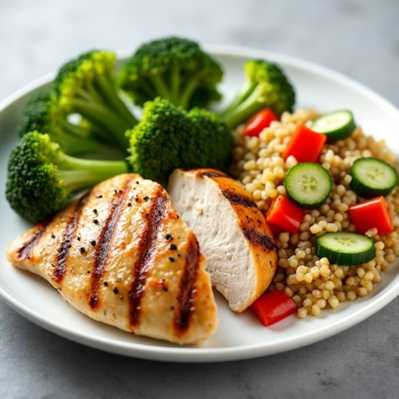 Grilled Chicken Breast with Roasted Broccoli and Quinoa Salad