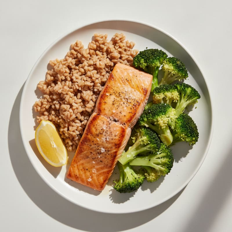 Seared Salmon with Brown Rice and Steamed Broccoli